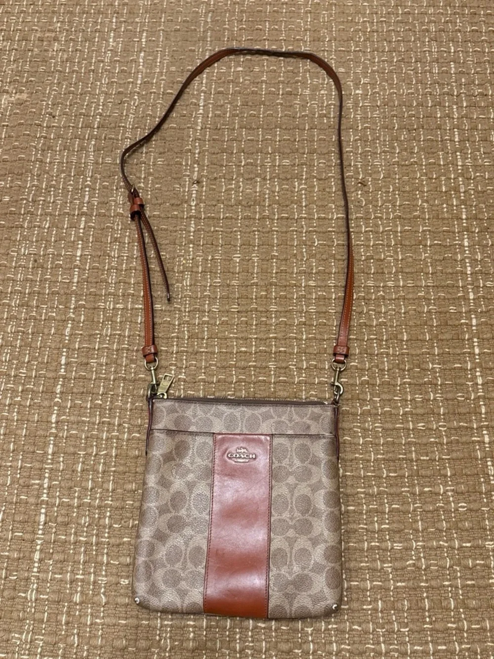 Coach Brown and Tan Signature Crossbody with Leather Stripe